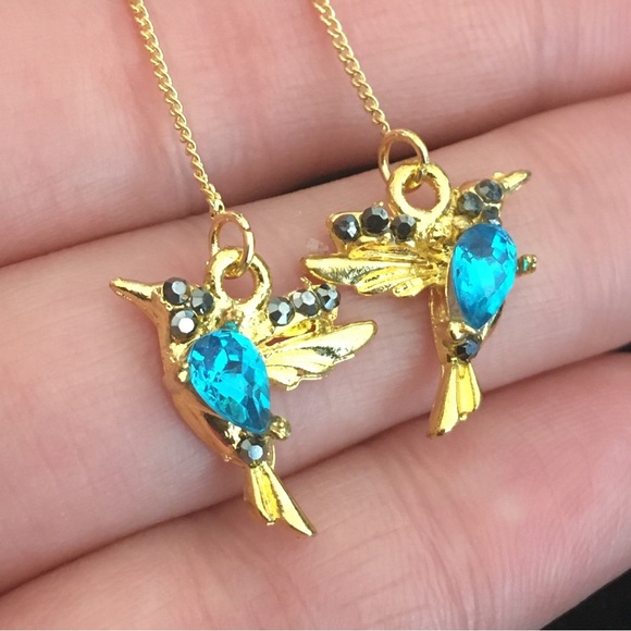 Hummingbird Blue Stone Gold Tone Long Dangle Earrings - Picture 2 of 7